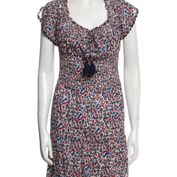 Tory Burch Wildflower Tiered Off Shoulder Smoked Navy Pipping Midi Dress S $498 - Picture 4 of 16